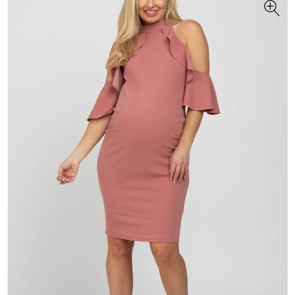 Mauve Mock Neck Ruffle Trim Fitted Maternity Dress